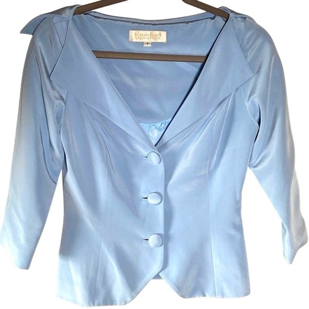 B Michael Signature Silk Suit Jacket Blazer Womens 2 Pastel Light Blue Cropped